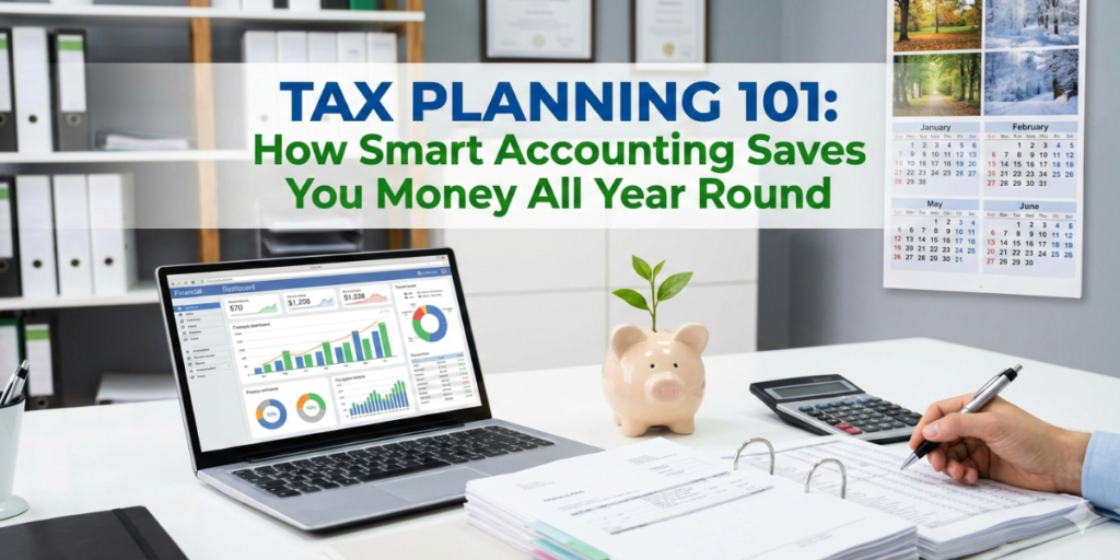 Tax planning 101 guide cover featuring financial tools for year-round tax services and savings