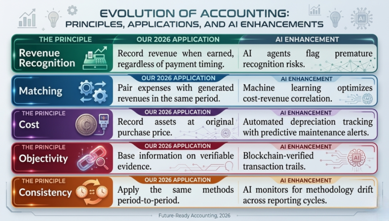 Accrual accounting principles table showing 2026 applications and AI enhancements for modern accountants